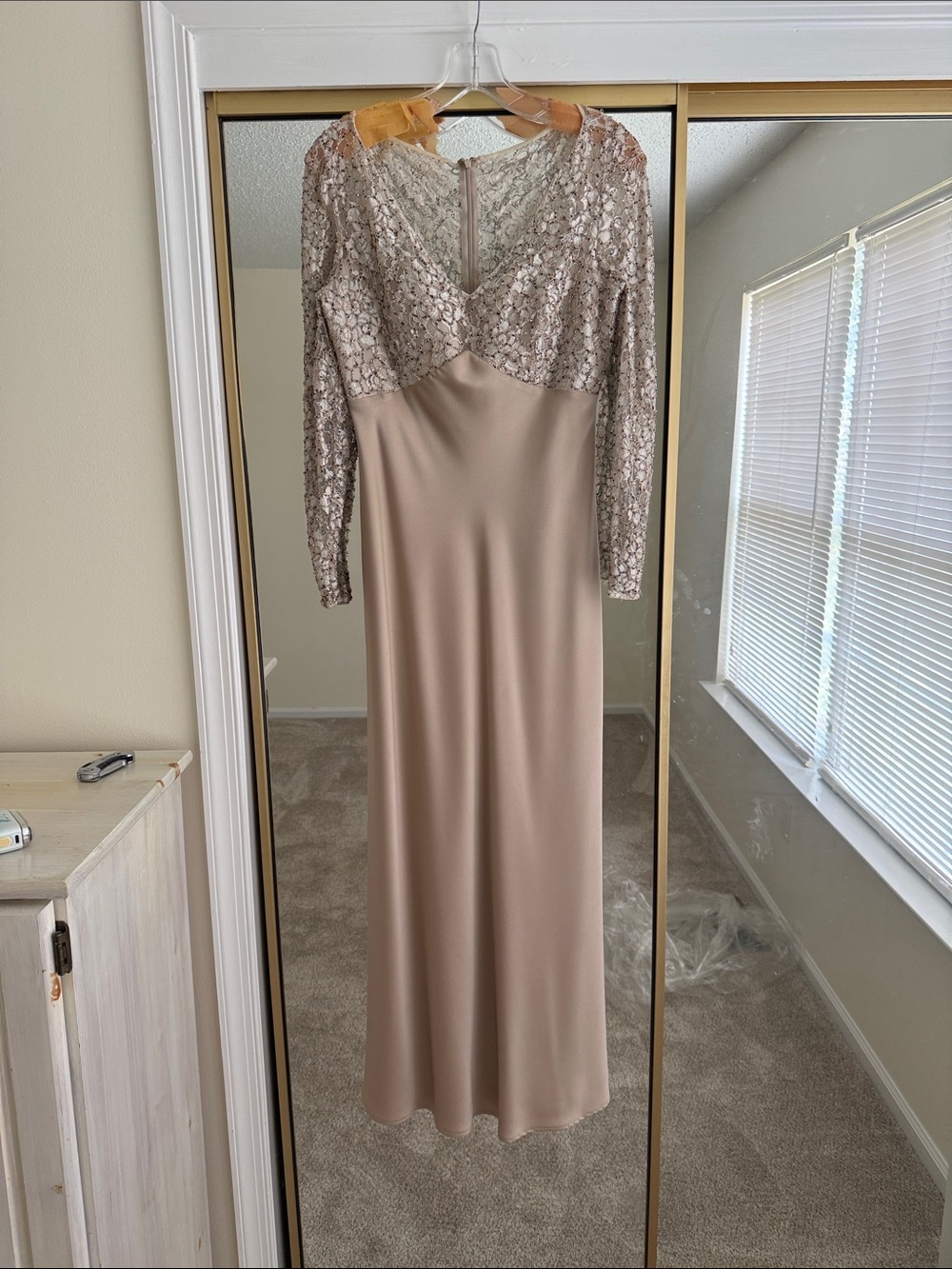 Long Sleeve Lace Bodice Evening Gown - Taupe